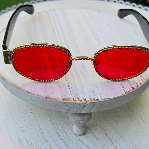 Dolls Kill ✦ Red Rhinestone Oval Sunglasses ✦ Gold Frame Black Arms Festival NWT - Picture 2 of 5